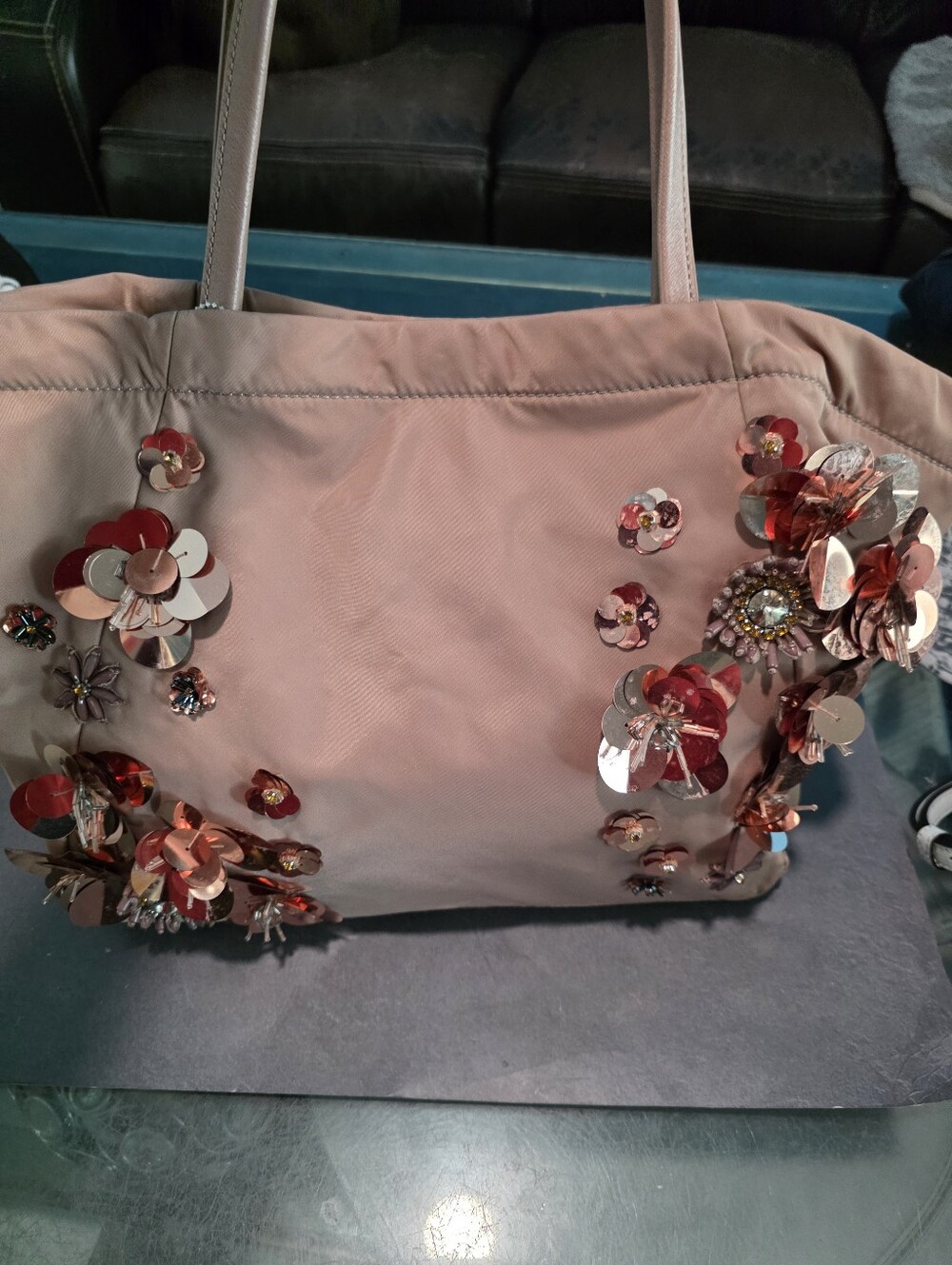 New Tory Burch Embellished Floral Sequin Tote Bag - Blush Pink